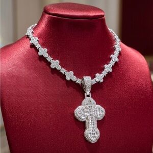 Silver Cross Pendant Necklace  set - Women Jewelry 16inch